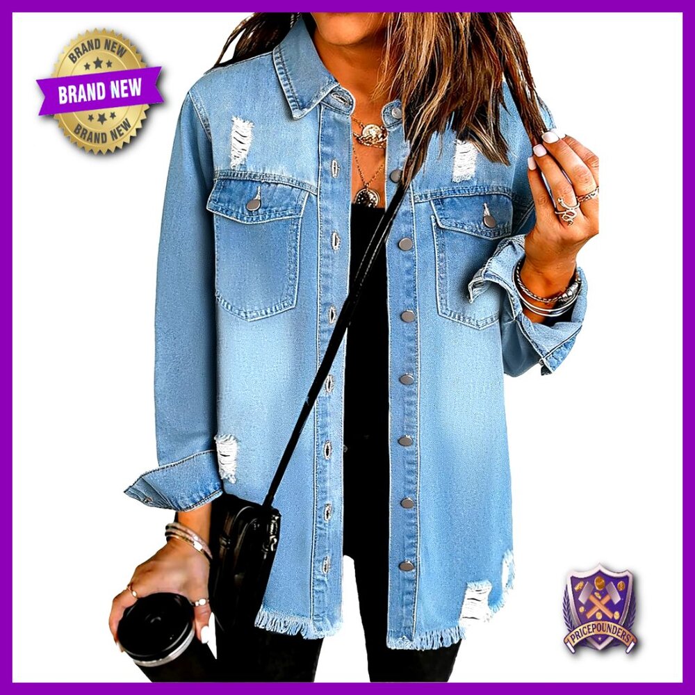 Oversized Denim Jacket Distressed Boyfriend Fit Casual Vintage Shacket